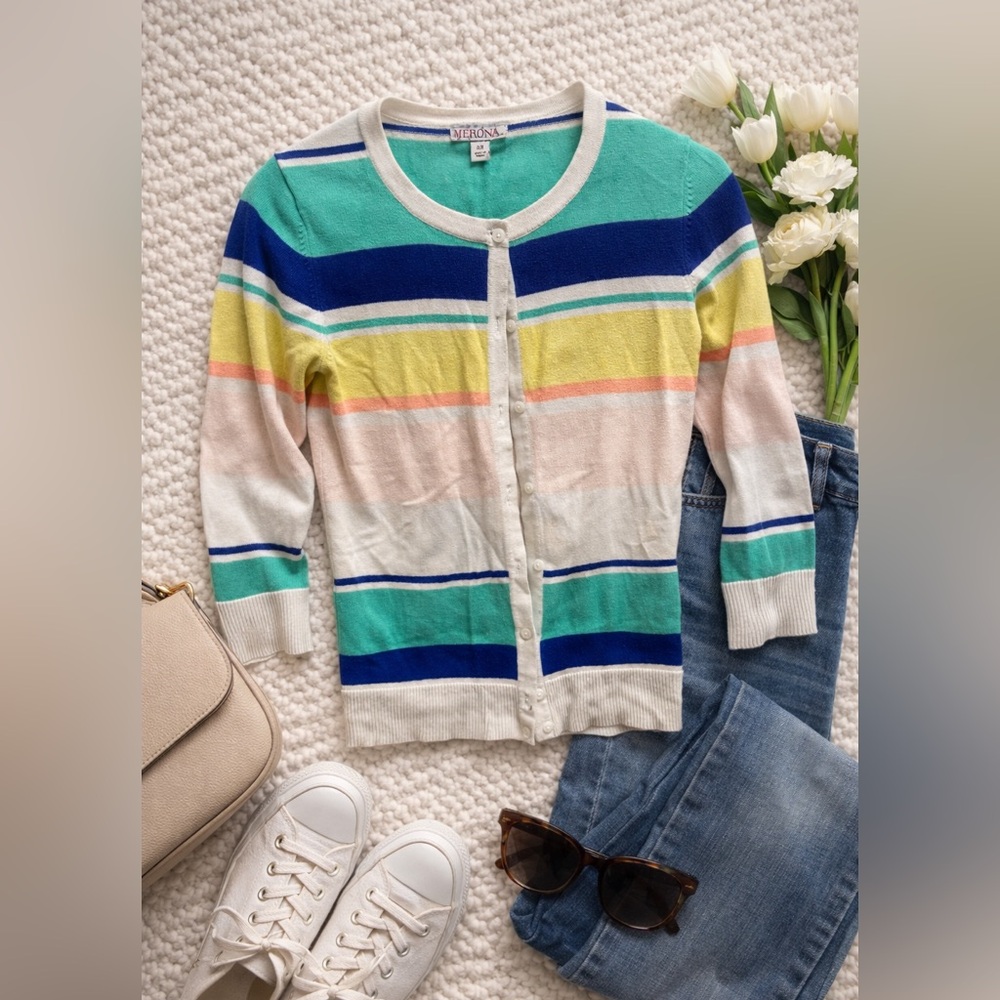 Merona Striped Cardigan - Blue, Yellow, Green, Cream